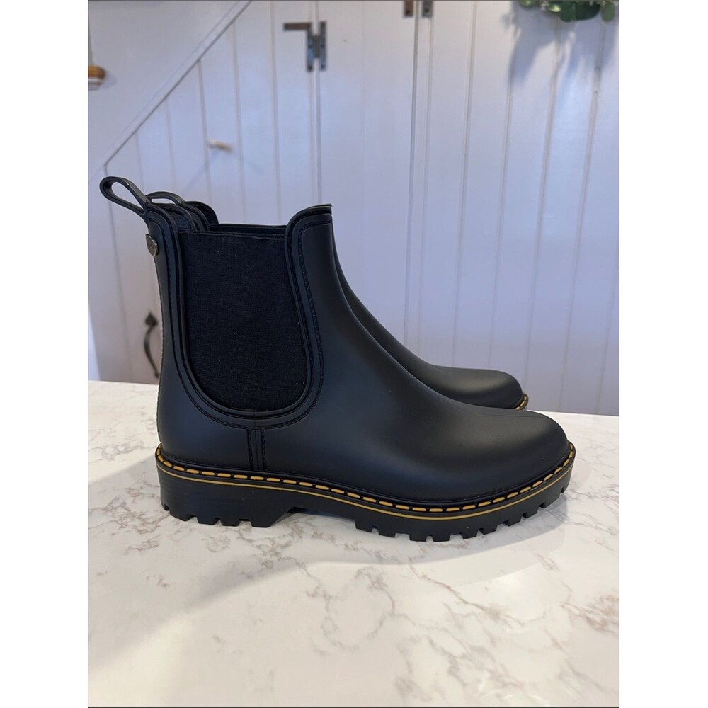 Igor Matte Black Chelsea Rain Boots with Yellow Welt Stitching, 37, NWT